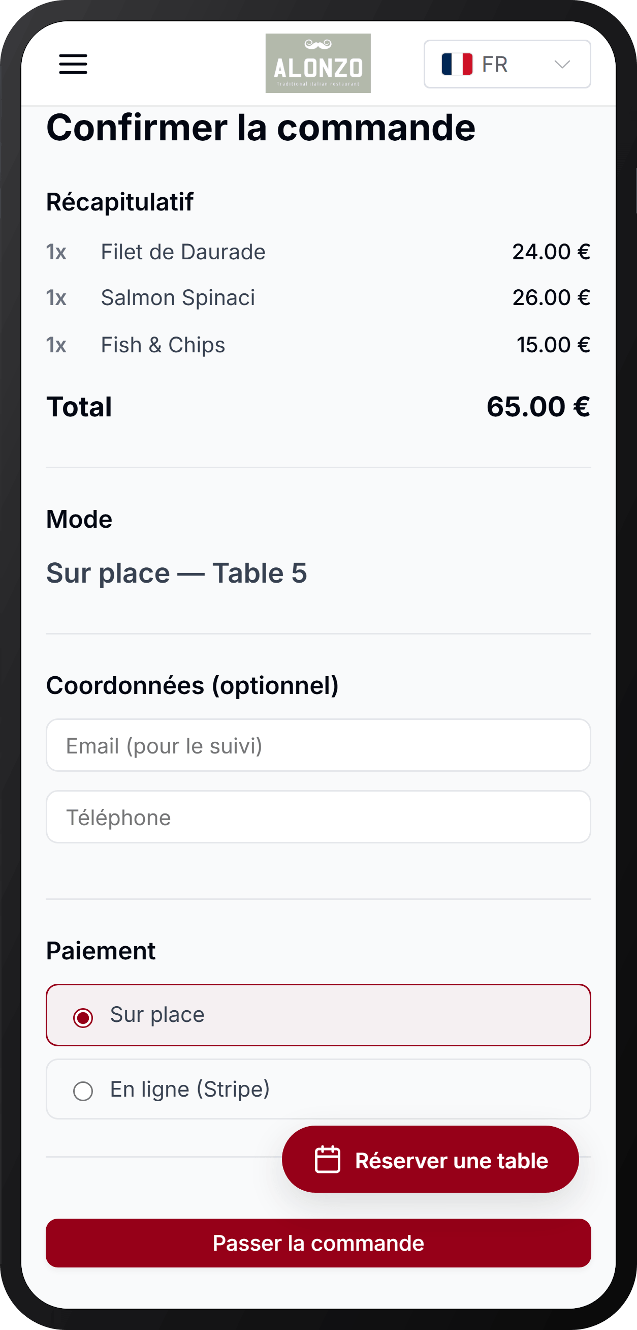 Aperçu du menu digital Taste'nPic sur iPhone